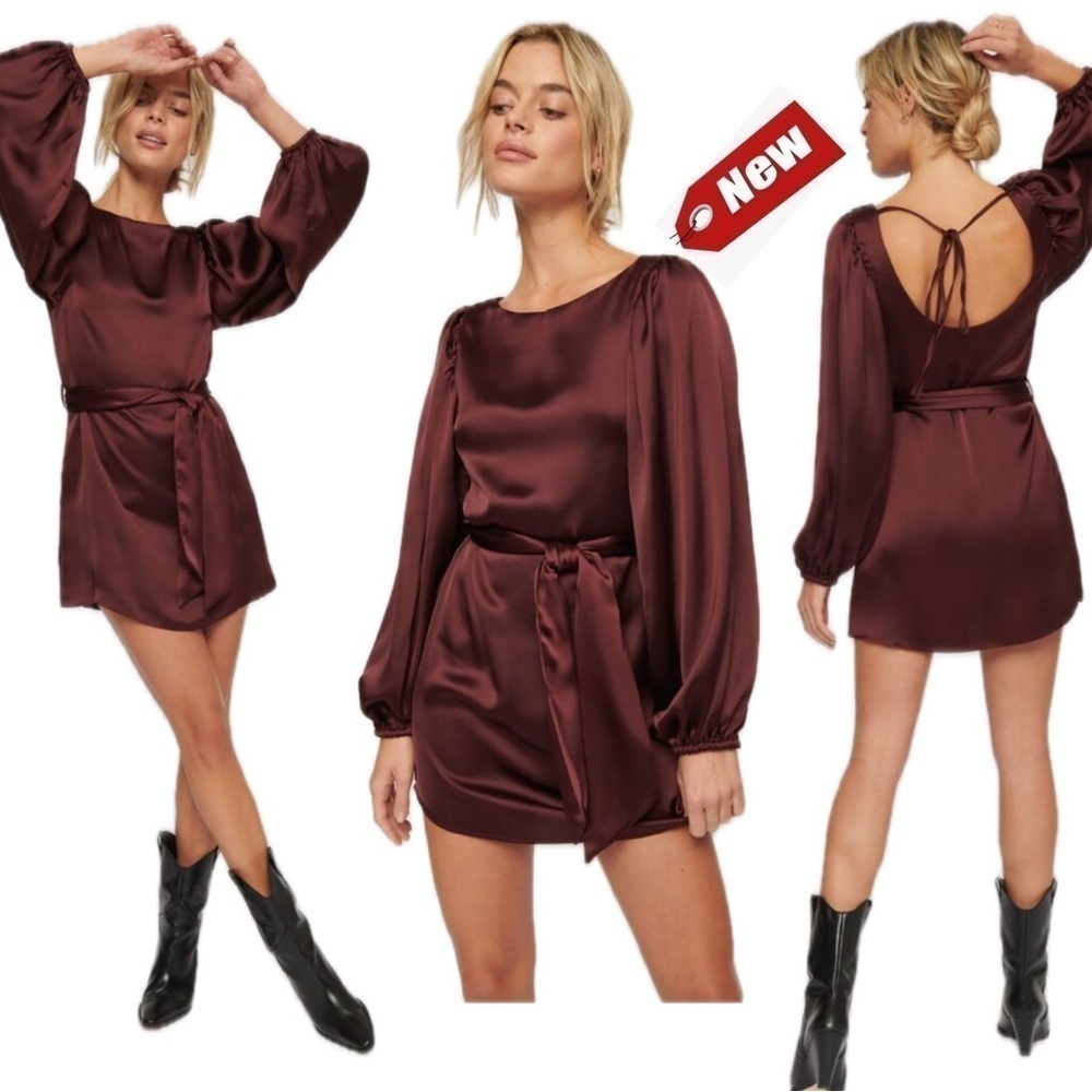 Black Tape deep burgundy satin puff sleeve short self-tie dress Sz XS NWT